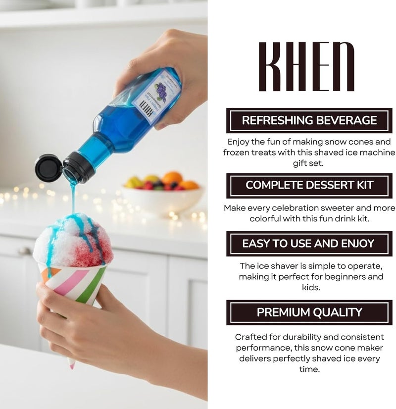 Khen Snow Cone Machine Gift Set, Electric Shaved Ice Maker Kit & 5 Syrup Flavors - With 25 Cone Cups, 25 Straws & 4 Ice Molds, Frozen Dessert Maker, Kids Adults & Parties, Birthday, Hawaiin Slushie Machine - Image 5